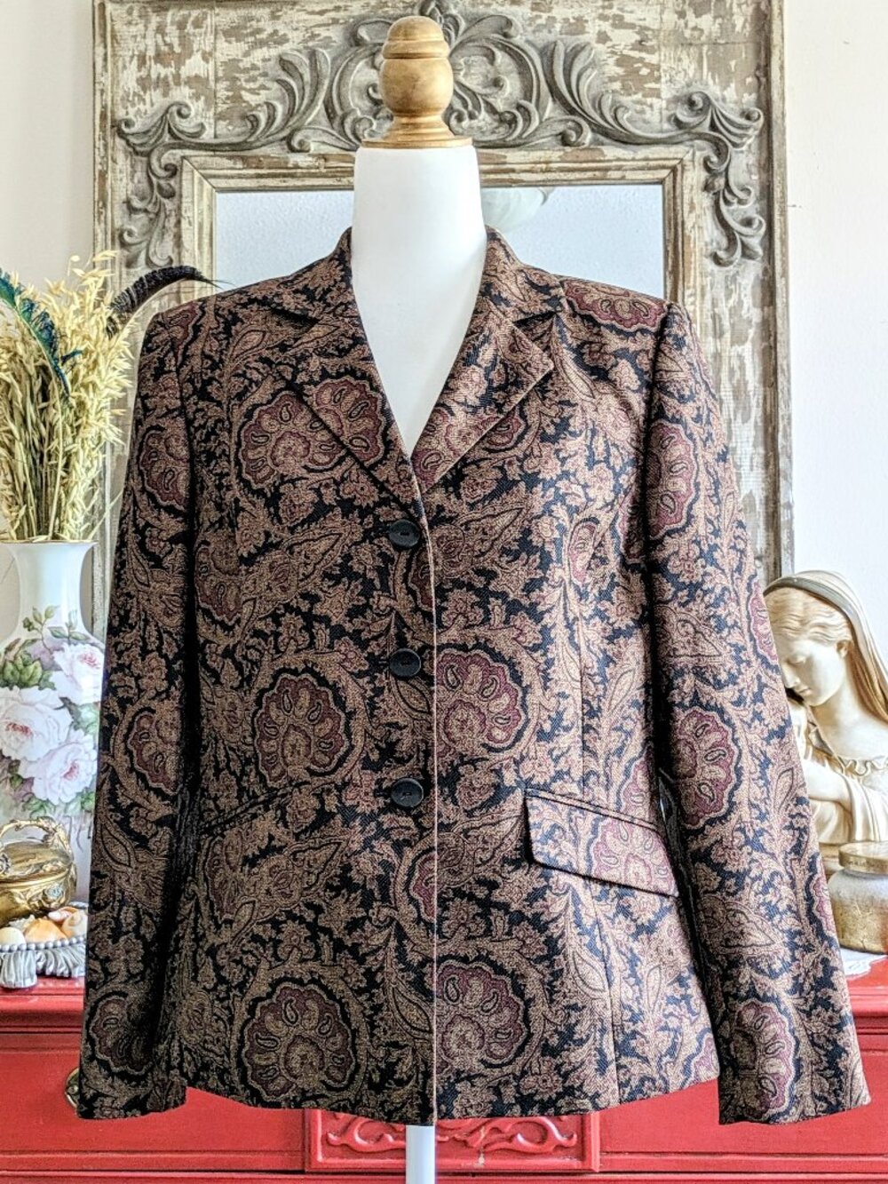 Vintage Evan Picone Jacket Sz 12 Black Burgundy Paisley Dark Academia